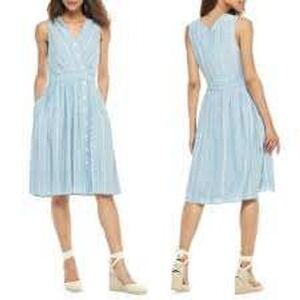 Gal Meets Glam Blue White Stripe V Neck Button Front Midi Dress Size 6